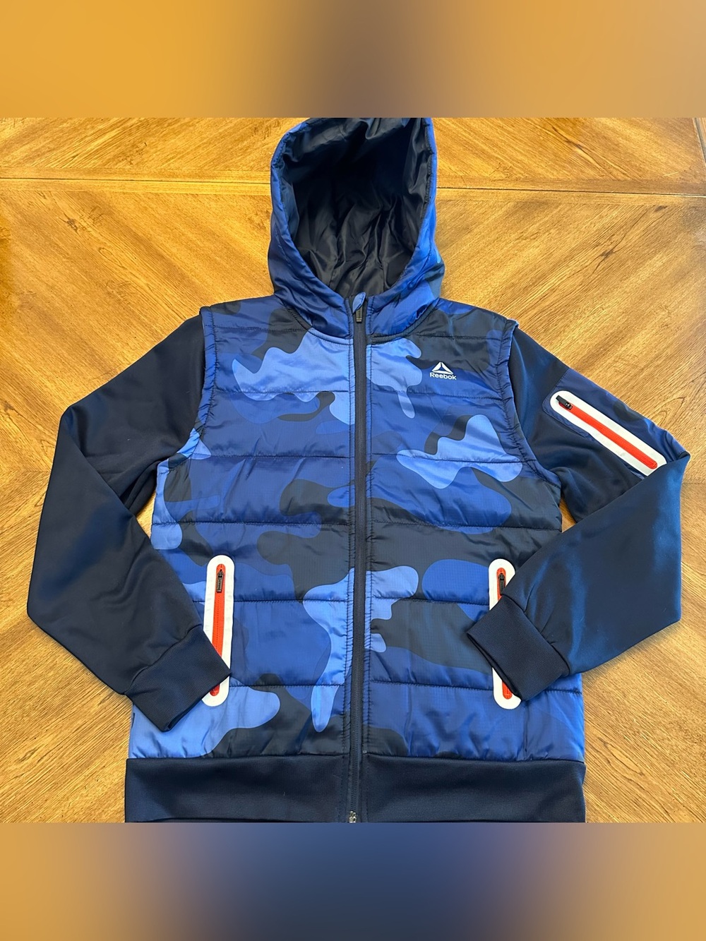 Reebok Blue Camo Soft vbShell Hooded Zip Front Puffer Jacket, Size XL 14/16, Boy
